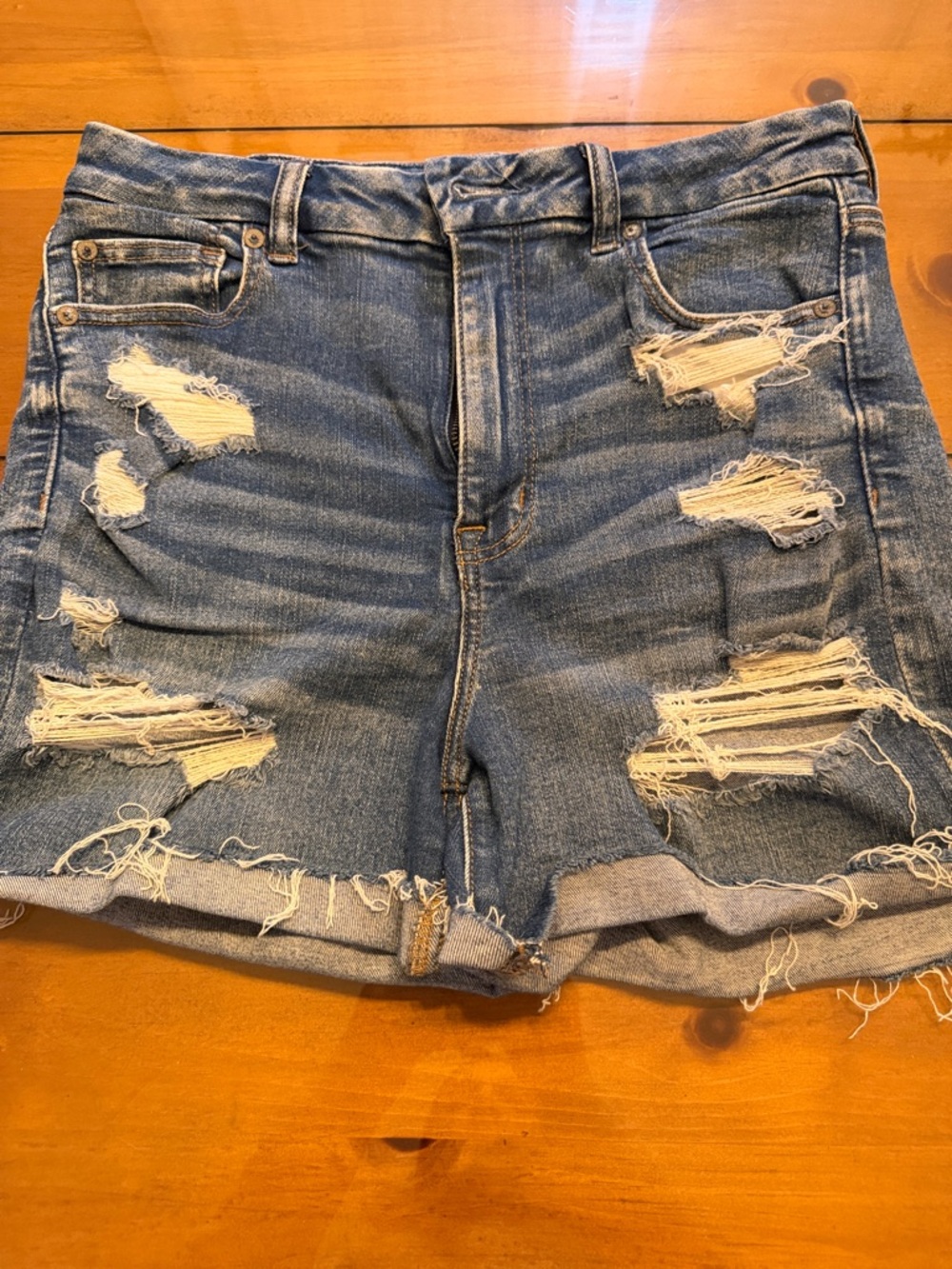 American Eagle Outfitters Distressed Rolled-Hem Denim Shorts - Blue